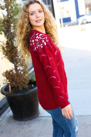 Feeling Fun Burgundy Pointelle Lace Shoulder Knit Sweater Bloom 2023 Winter Sale 