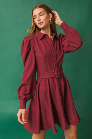 Long Puff Sleeve Button Down A-Line Mini Dress - Burgundy or Green
