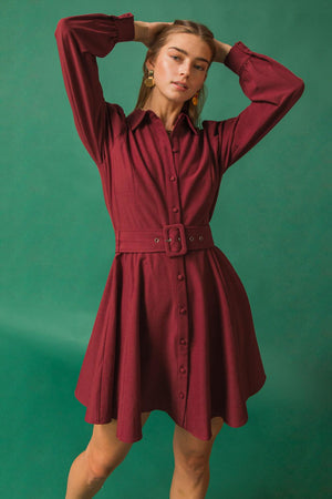 Long Puff Sleeve Button Down A-Line Mini Dress - Burgundy or Green