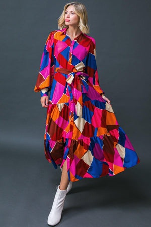 Long Sleeve Printed Woven Midi Dress - Fuchsia/Blue