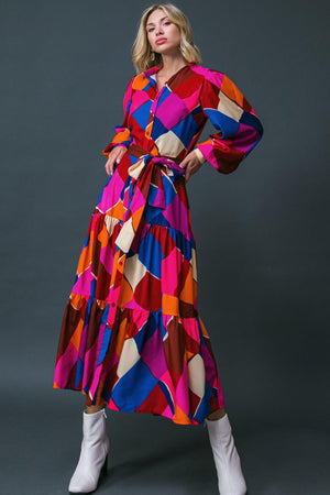 Long Sleeve Printed Woven Midi Dress - Fuchsia/Blue