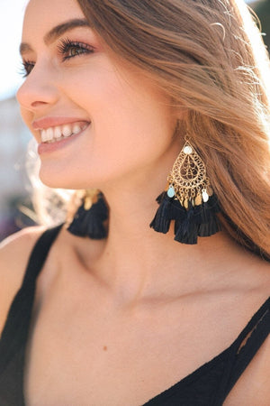 Filigree Raffia Tassel Earrings Jewelry Leto Collection Black 