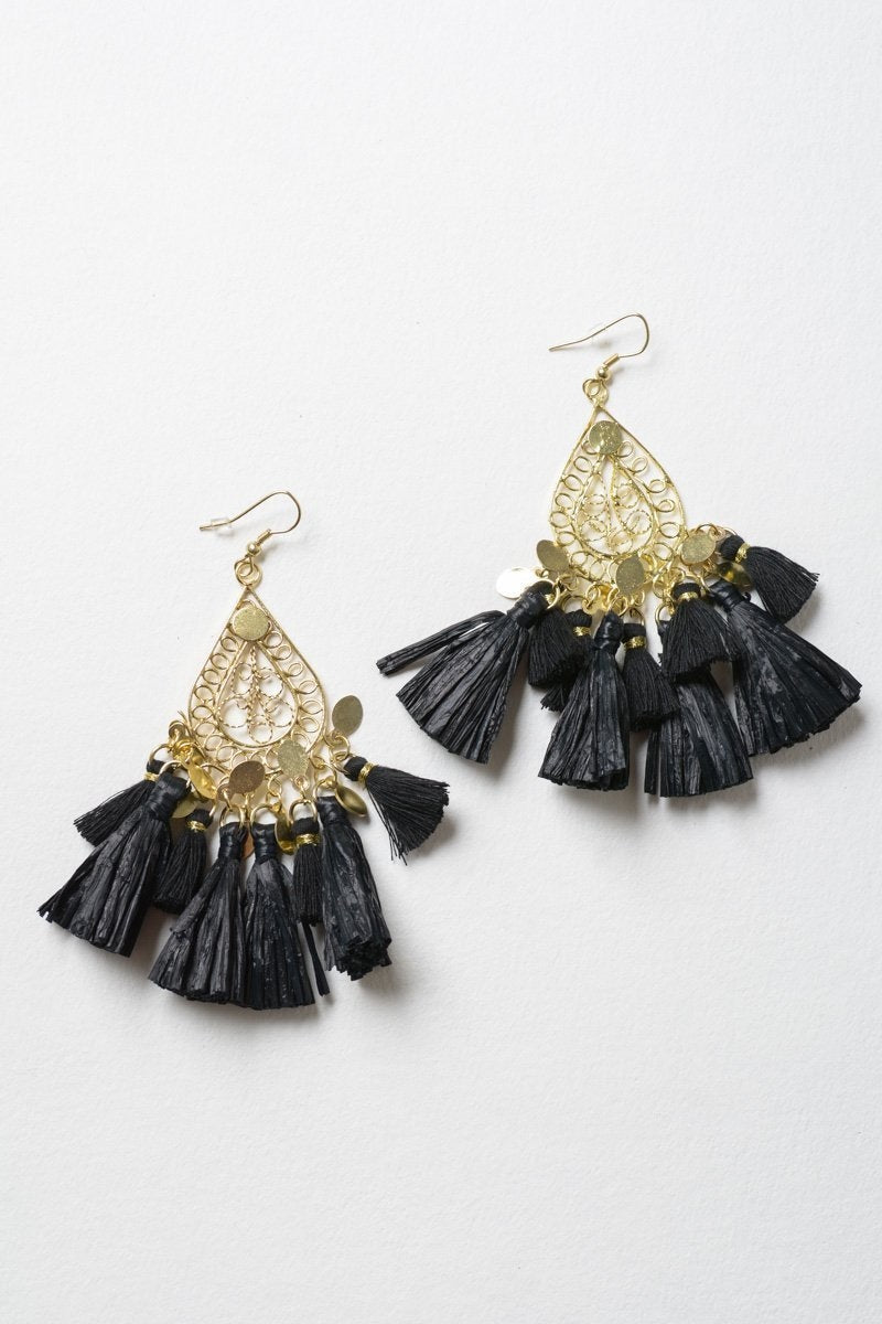 Filigree Raffia Tassel Earrings Jewelry Black