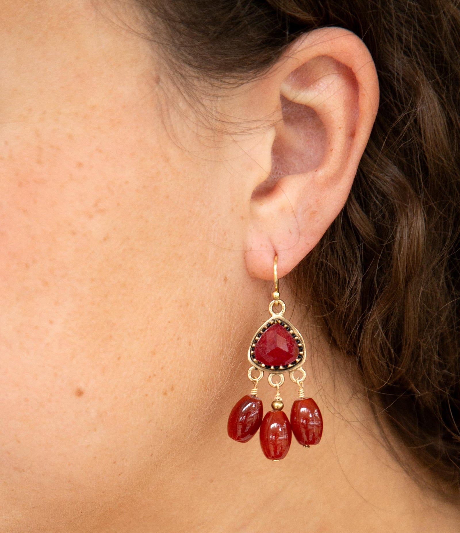 Filigreed Merlot Red Quartz Golden Drop Earrongs