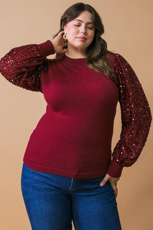 Sequin Puff Sleeve Sweater - Green or Burgundy