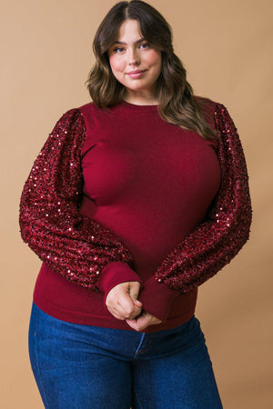 Sequin Puff Sleeve Sweater - Green or Burgundy
