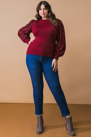 Sequin Puff Sleeve Sweater - Green or Burgundy