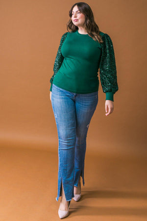 Sequin Puff Sleeve Sweater - Green or Burgundy