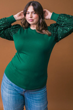 Sequin Puff Sleeve Sweater - Green or Burgundy