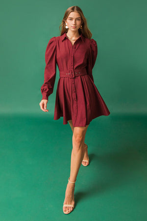 Long Puff Sleeve Button Down A-Line Mini Dress - Burgundy or Green