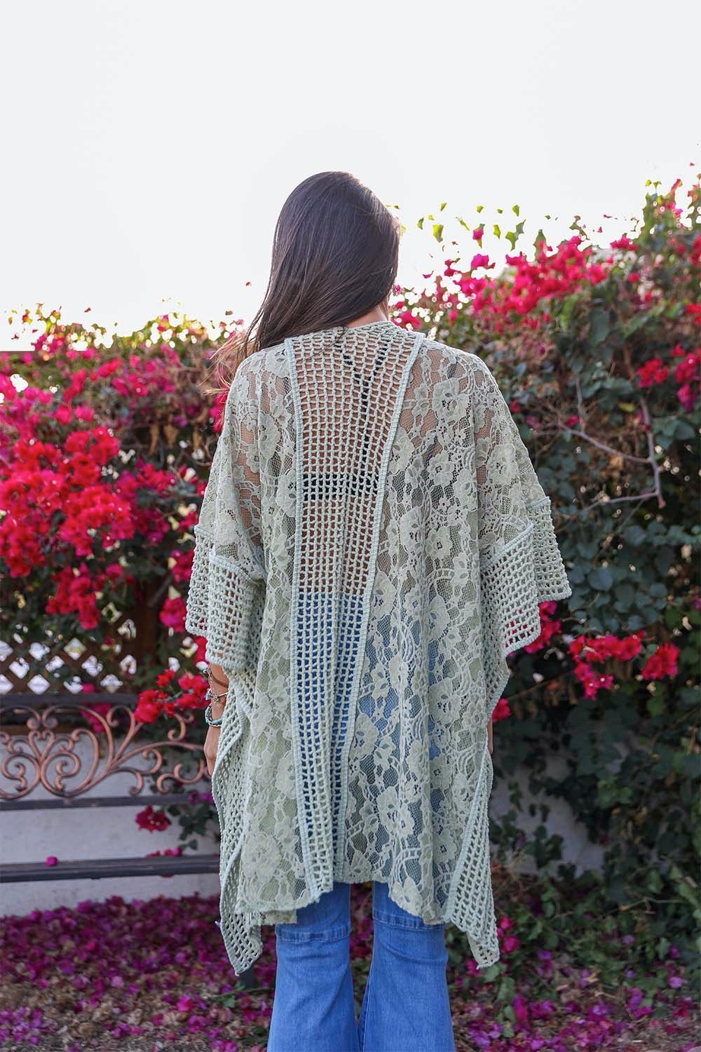 Floral knit pattern sage kimono with lightweight and stylish design.