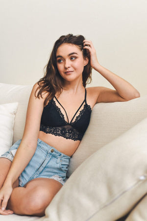 Floral Lace Strappy Front Bralette Bralette Leto Collection Small Black 