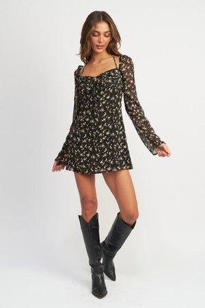 FLORAL LONG SLEEVE DRESS WITH HALTER DETAIL Emory Park 