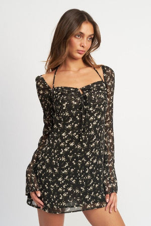 FLORAL LONG SLEEVE DRESS WITH HALTER DETAIL Emory Park 