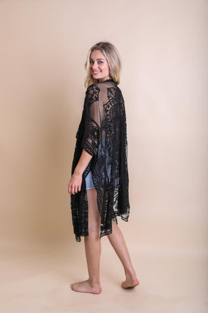 Floral Mandala Mesh Kimono Ponchos Black