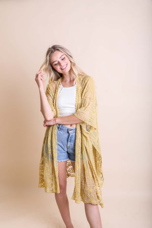 Floral Mandala Mesh Kimono Ponchos Mustard