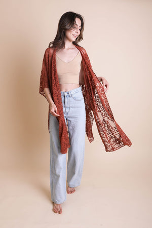 Floral Mandala Mesh Kimono Ponchos Rust