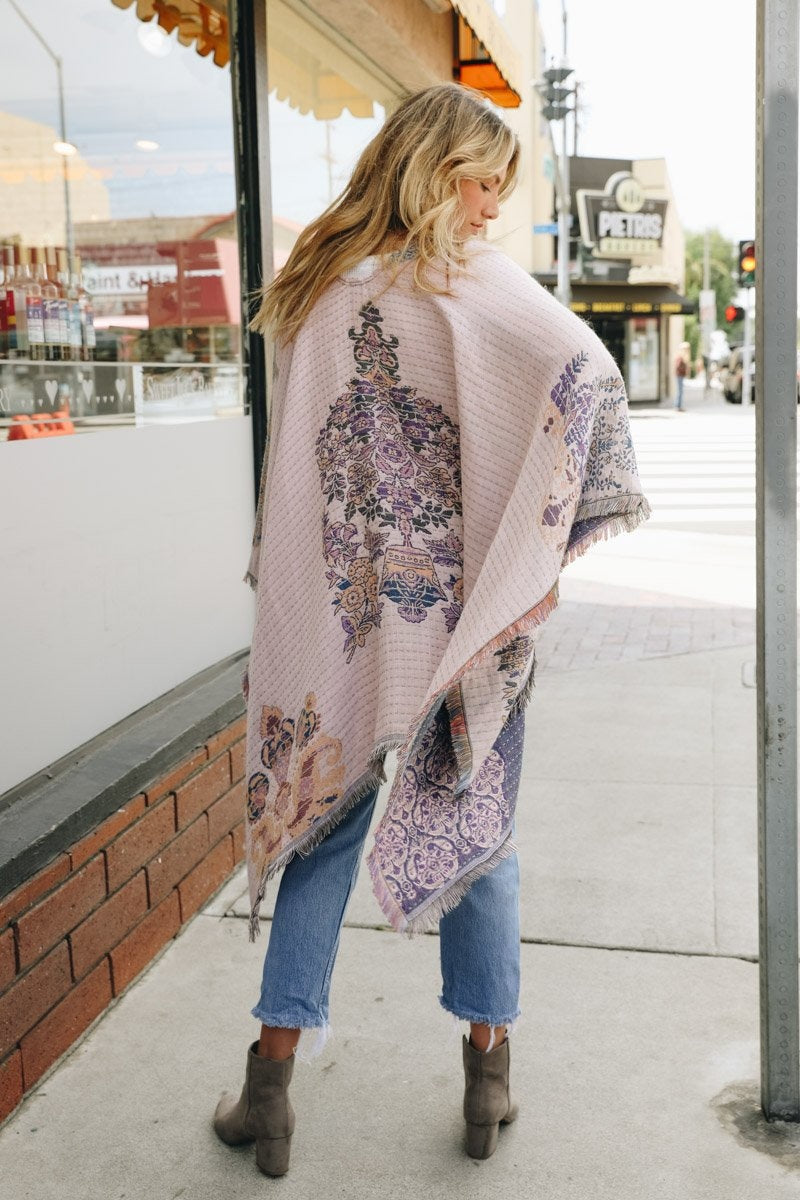 Floral Medallion Paisley Ruana Ponchos Lilac