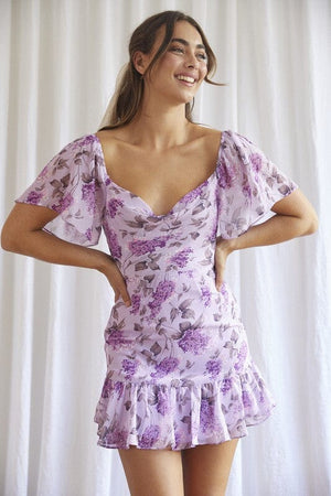 Floral Print Ruffle Flutter Sleeved Mini Dress One and Only Collective Inc LILAC S 