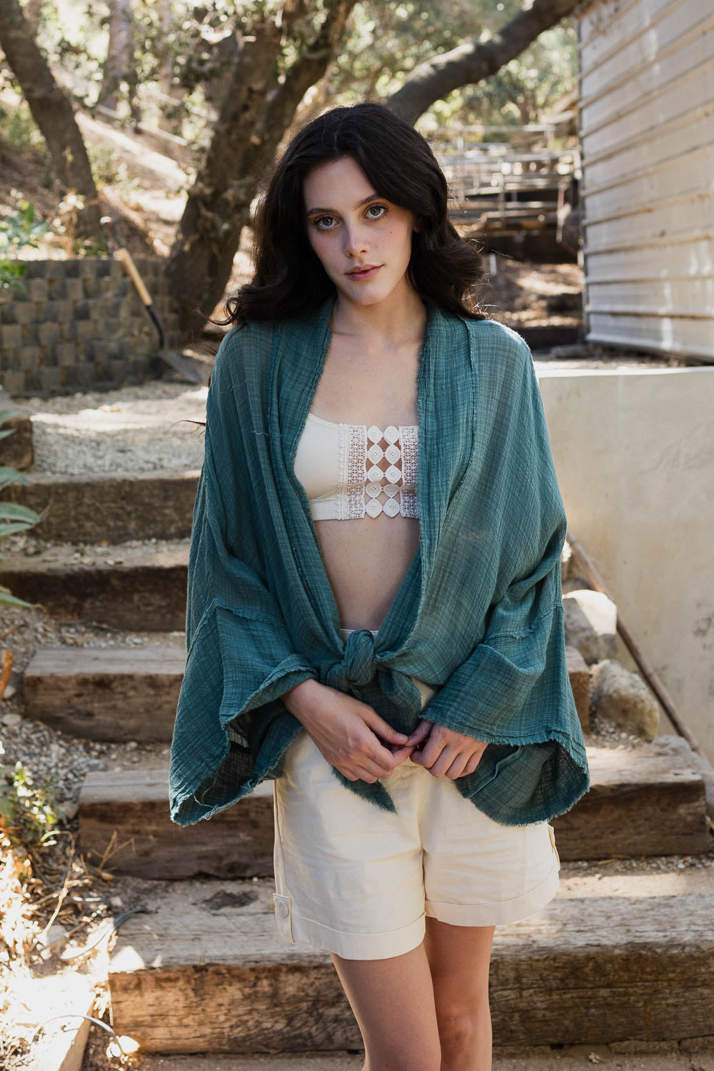 Flounce Tie-Front Kimono Wrap One Size / Pine