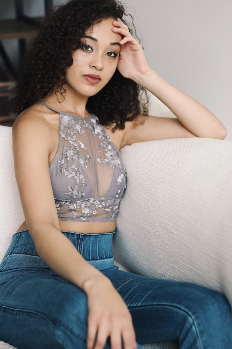 Flower Embroidery High Neck Bralette Small / Gray