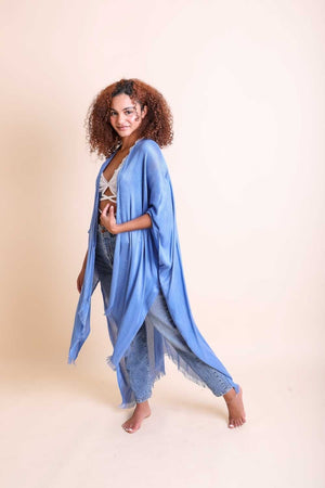 Frayed Trim Kimono Ponchos Leto Collection Blue 