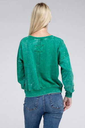 French Terry Acid Wash Boat Neck Pullover ZENANA 
