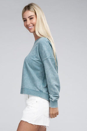 French Terry Acid Wash Boat Neck Pullover ZENANA 