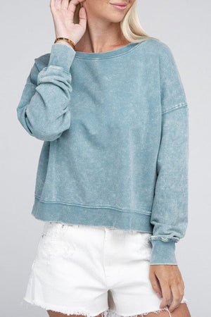 French Terry Acid Wash Boat Neck Pullover ZENANA ASH BLUE S 