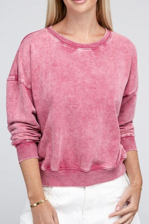 French Terry Acid Wash Boat Neck Pullover ZENANA ASH PINK S 