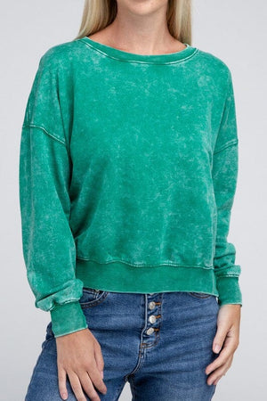 French Terry Acid Wash Boat Neck Pullover ZENANA K GREEN S 