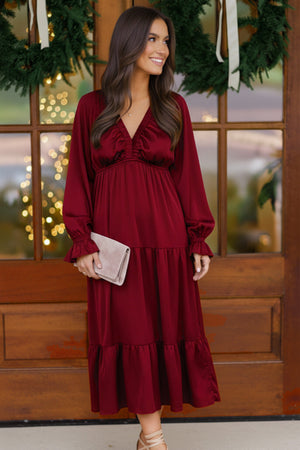 Goddess Grove Red Satin Maxi Dress