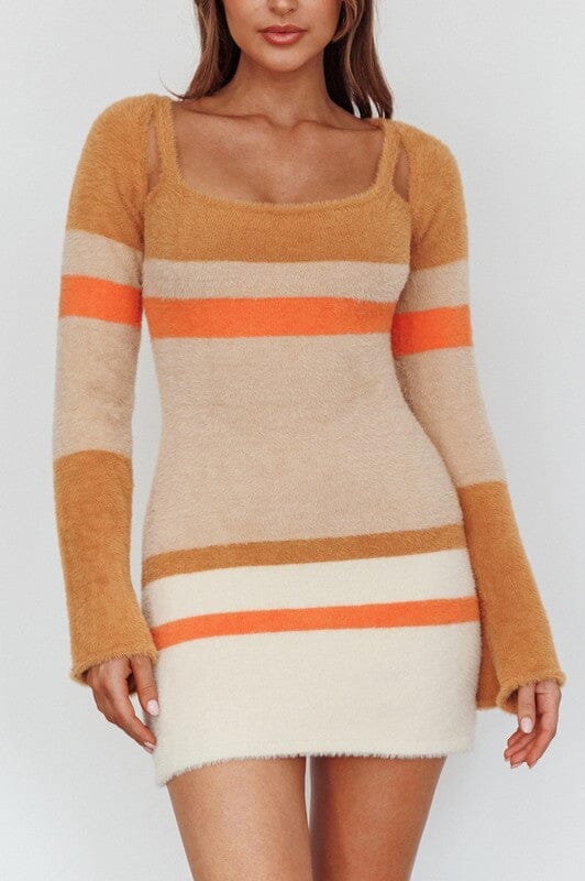 Fuzzy Knit Long Sleeved Multi Stripe Mini Dress One and Only Collective Inc BROWN MULTI S 