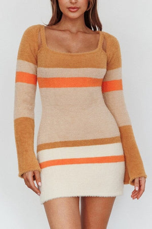 Fuzzy Knit Long Sleeved Multi Stripe Mini Dress One and Only Collective Inc 