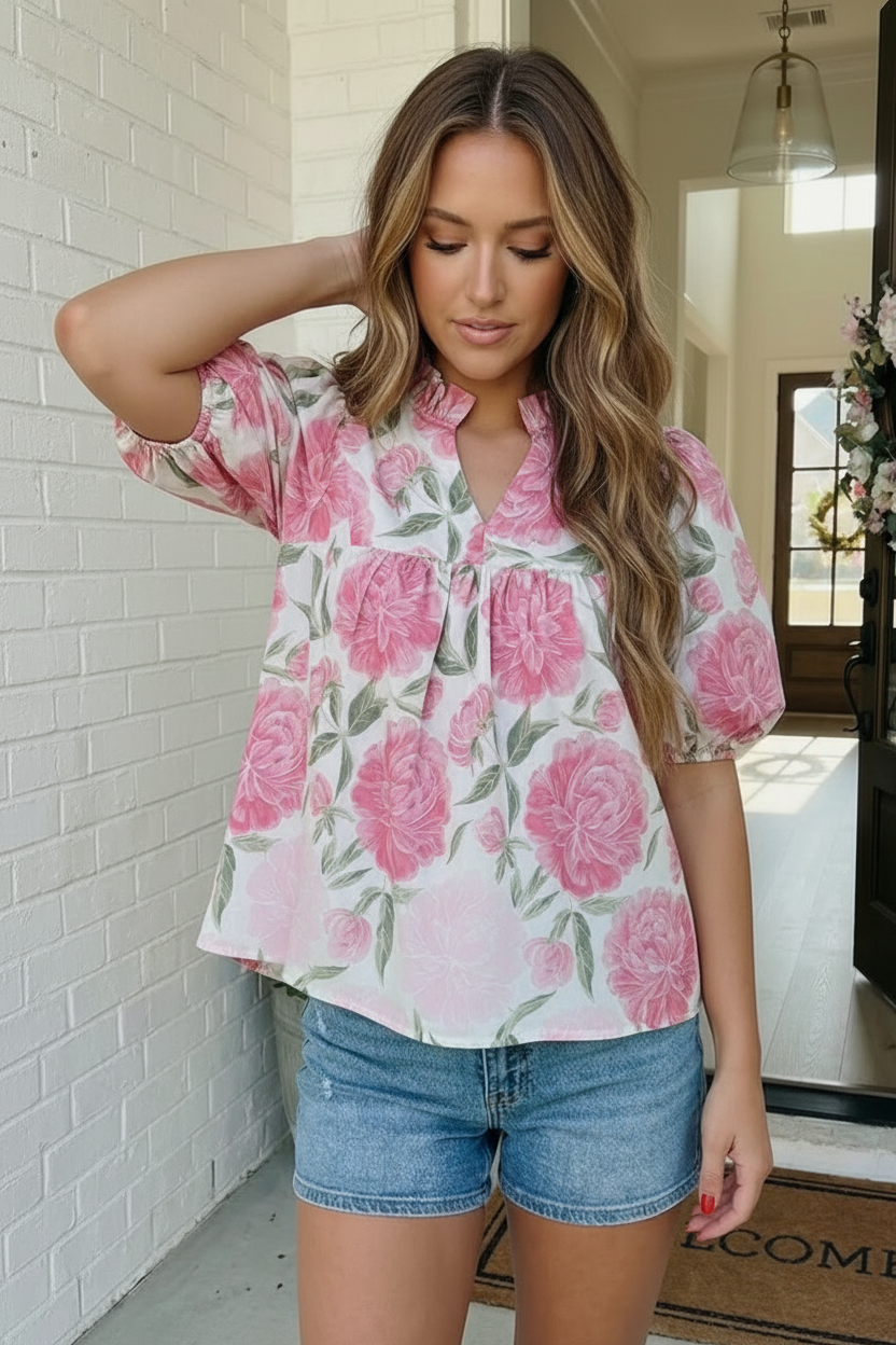 Painted Peony Puff Sleeve Blouse