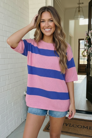 Skip the Line Pink and Blue Oversized Sweater Top