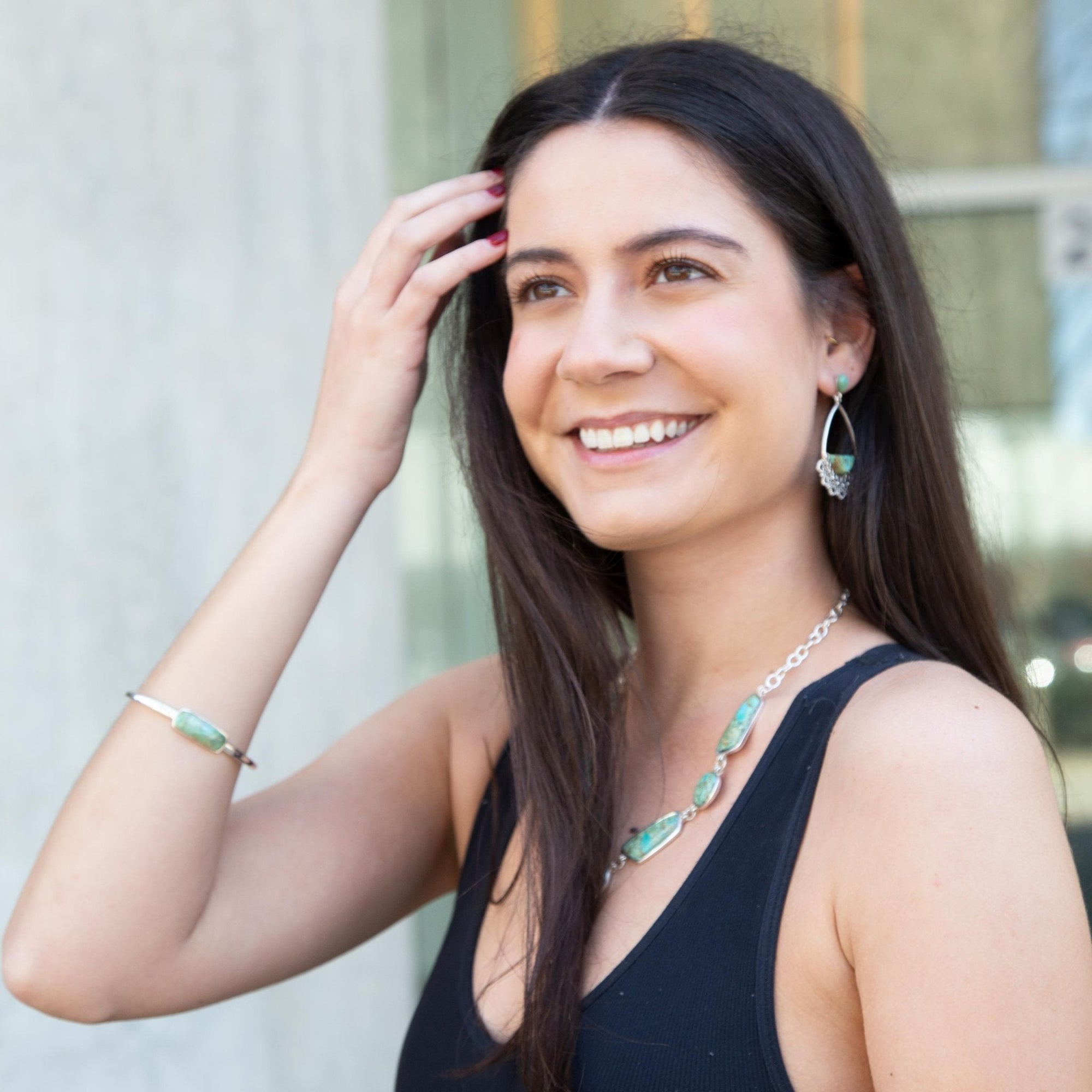 Genuine Blue Turquoise and Sterling Chained Up Cuff Bracelet