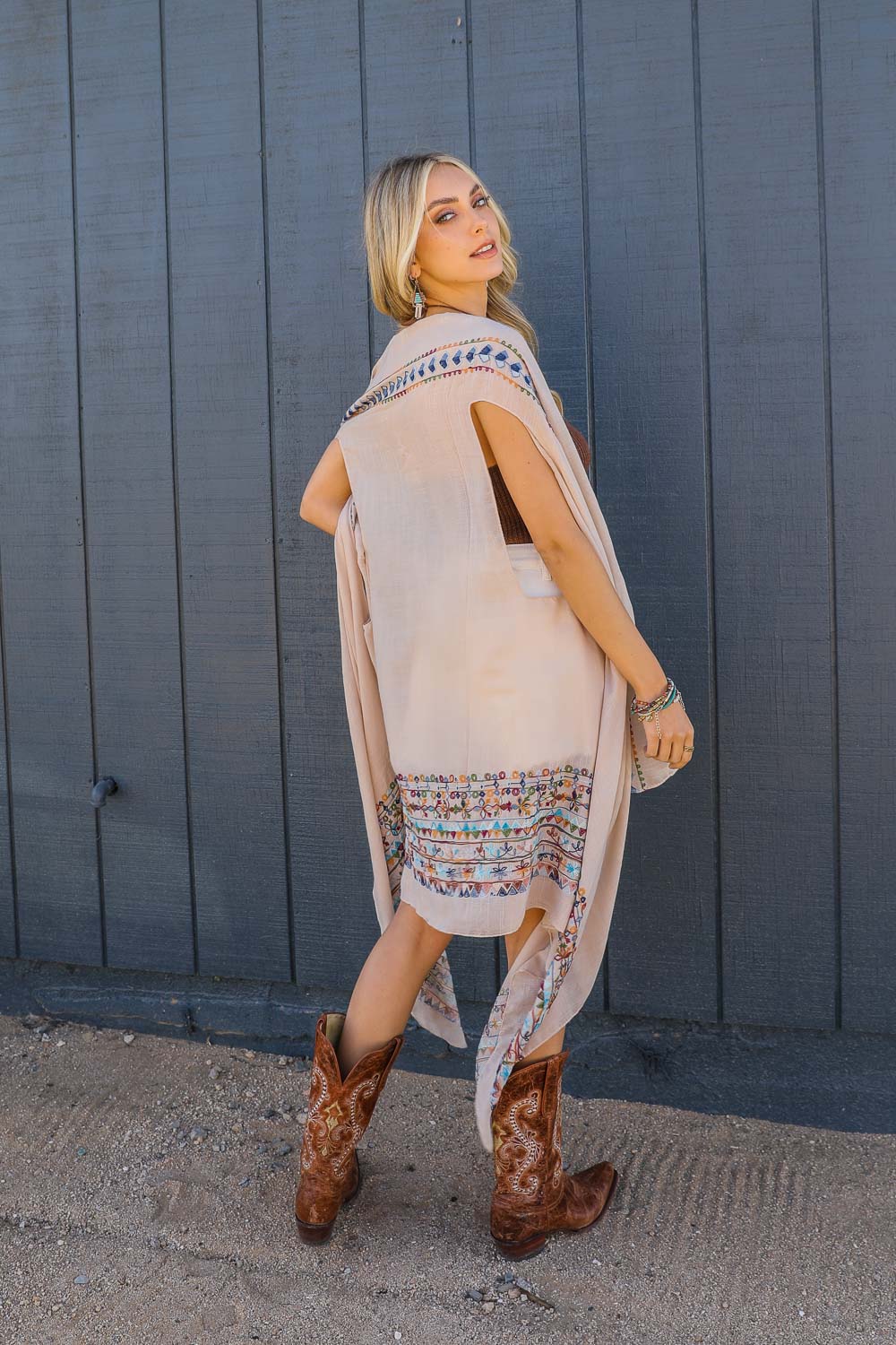 Geometric Embroidered Sleeveless Kimono Beige