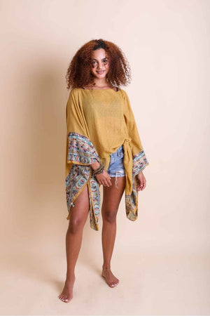 Geometric Embroidered Tunic Kimono Mustard