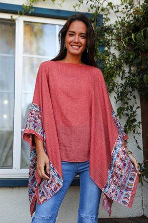 Geometric Embroidered Tunic Kimono Rust