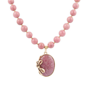 Gifted Pink Rhodonite Gold Bow Beaded Pendant Necklace