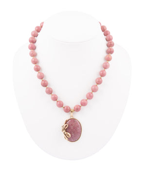Gifted Pink Rhodonite Gold Bow Beaded Pendant Necklace
