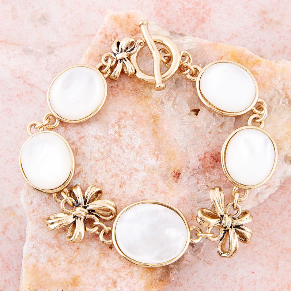 Gifted White Mother of Pearl Golden Bow Link Bracelet