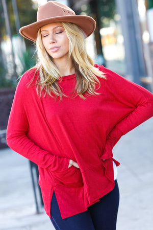 Going My Way Red Hacci Dolman Pocketed Sweater Top Haptics 