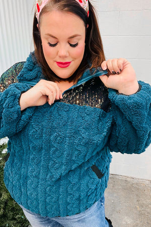 Going With You Teal Sequin & Sherpa Half Zip Pullover Bloom 2023 Winter Sale 
