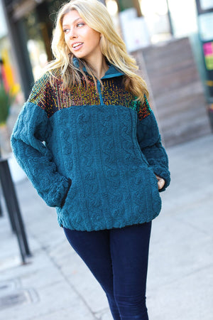 Going With You Teal Sequin & Sherpa Half Zip Pullover Bloom 2023 Winter Sale 