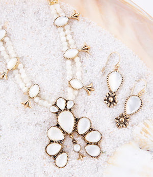 Golden Flower and White Mother of Pearl Drop Earrings