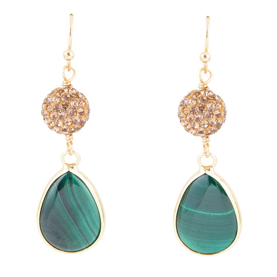 Jeweled Green Malachite Golden Drop Earrings