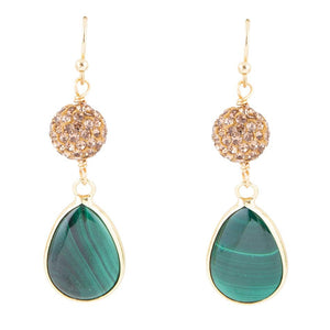 Jeweled Green Malachite Golden Drop Earrings