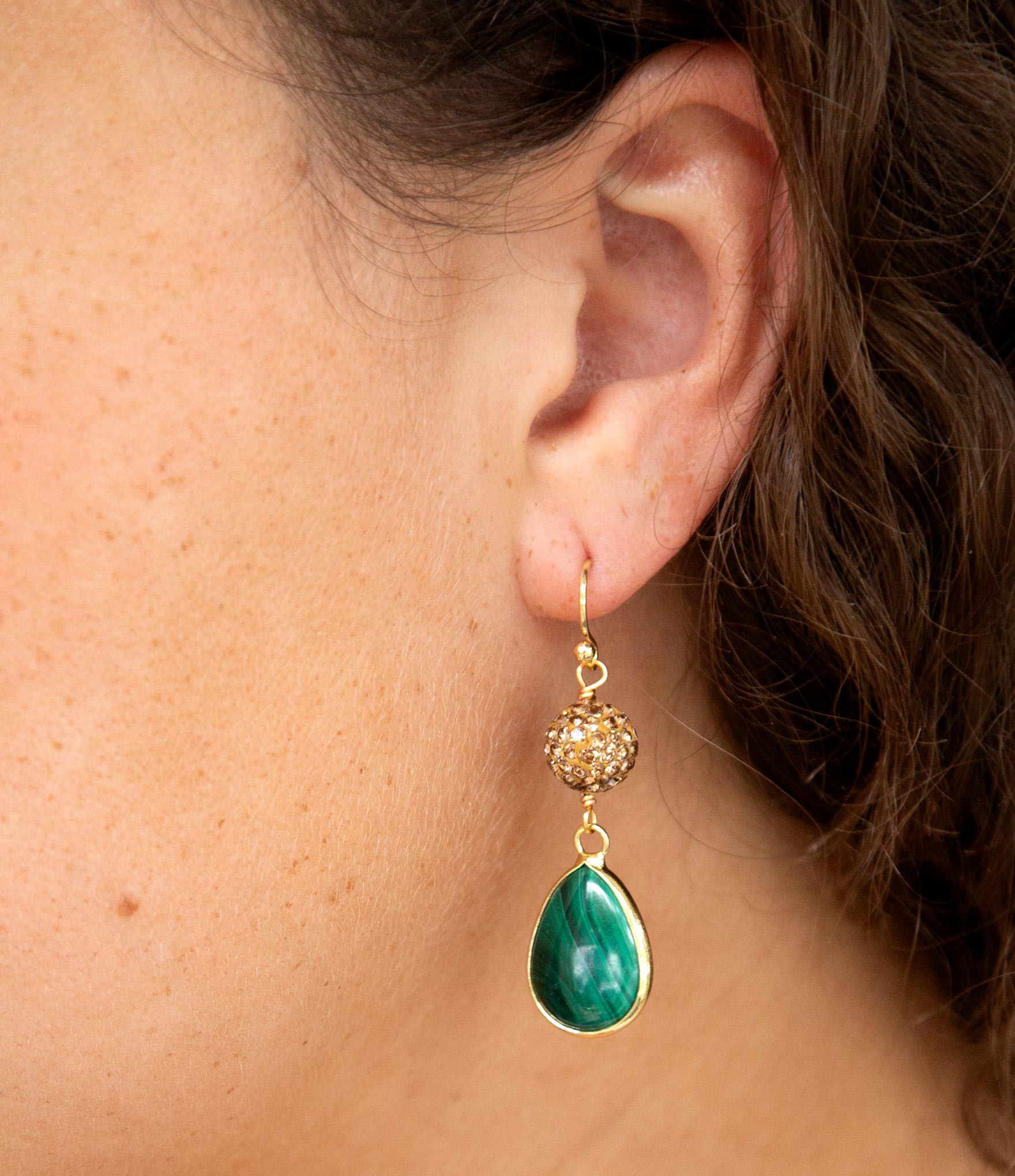 Jeweled Green Malachite Golden Drop Earrings